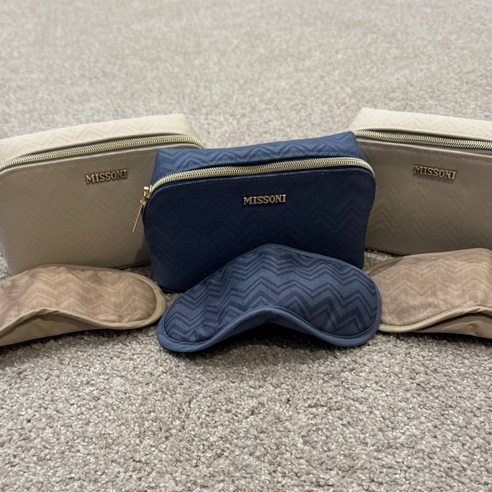 Missoni Set of 3 - Blue & Cream Cosmetic Pouches w/ Gold Hardware + Eye Shades